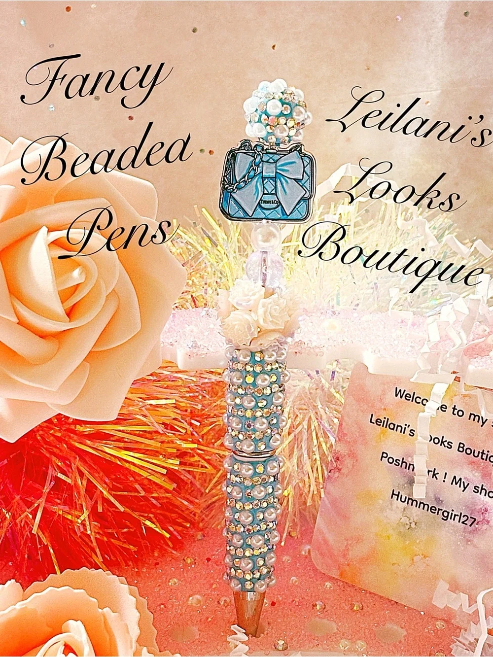 Blue pen with rhinestones and a bow/turquoise bag/flowers/girly
